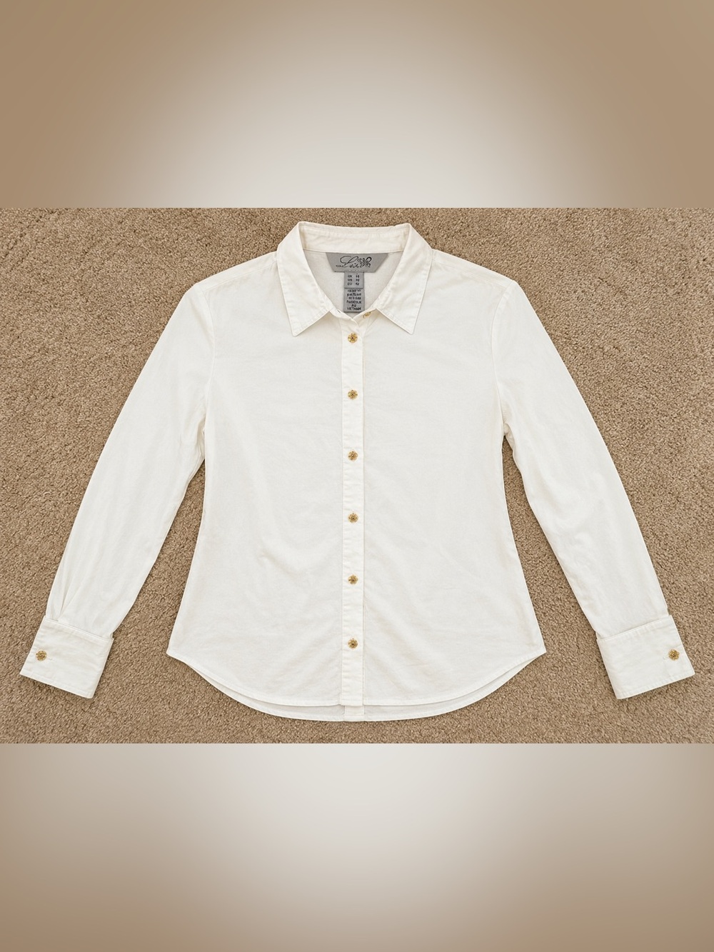 Lisa White Button Down Blouse Size 10 Gold Floral Buttons Stretch Cotton